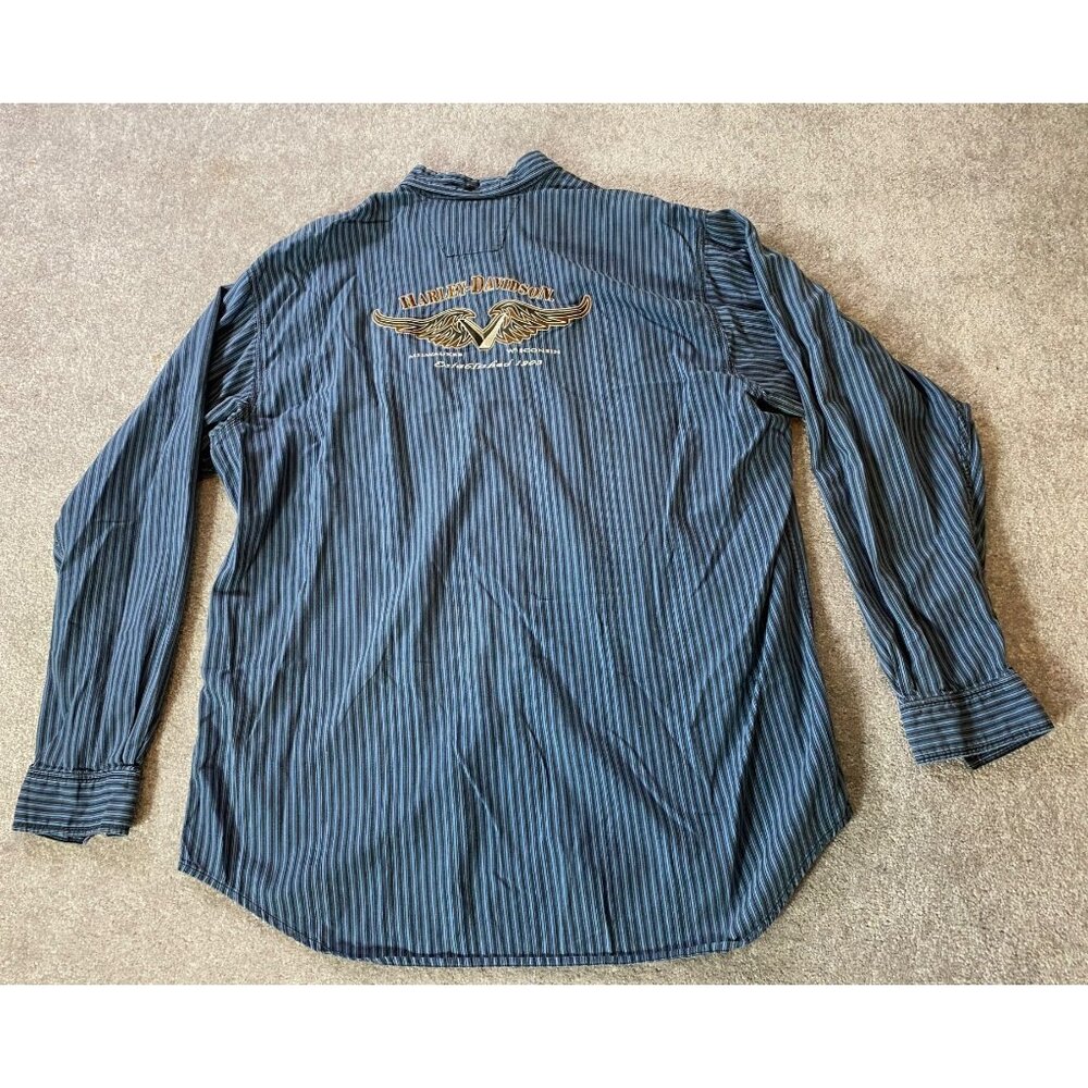 Harley-Davidson Blue Striped Button-Up Shirt Embroidered Logo XL